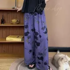 ワイドパンツ ガウチョパンツ ボトムス ウエストゴム マキシ丈 花柄　紫 新品