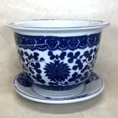 染付植木鉢 八角盆栽鉢 蒲公英図 陶器 盆栽 観葉植物 高さ16cm幅23cm