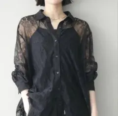 lumier リュミエ　同型　レースボリュームスリーブシャツ　ブラック