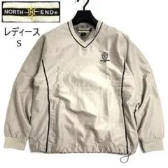 ナイロンプルオーバー Vネック 刺繍ロゴ ベージュ 古着 スポーツ系 ストリート