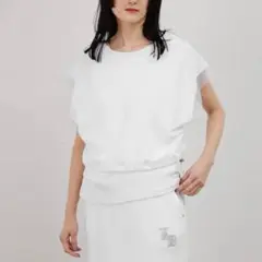 ラシュッドLASUD シアー袖　オーガンジー　半袖　　シルバーロゴ LASUD ラシュッド 袖シアー 箔プリントオーガンジー シルバーロゴ