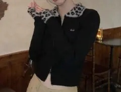 ブラック ニット 長袖 レオパード襟