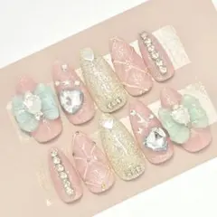 現品　ネイルチップ　キルティング　リボン　ビジュー　ロング　パーツ