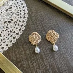 ハンドメイドピアス/イヤリング 淡茶 水引【No.1】