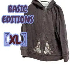 BASIC EDITIONS ブラック 刺繍パーカー 〖XL〗裏起毛 フード付き