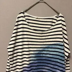 グラニフ　七分袖ボーダーチュニック(F)グラデーションプリント　ゆったり　白　紺のサムネイル
