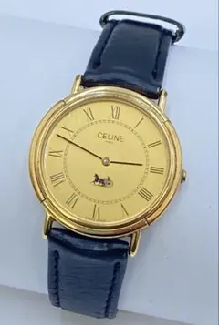 稼働/新品電池/ボーイズ】CELINE/馬車ロゴ ゴールドロゴベゼル QZ