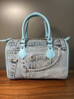 デニムリメイク ボストンバッグ ハンドメイド 水色パステル 採寸写真有