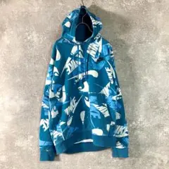 NIKE　パーカー　総柄 ブルー　ロゴ刺繍　フーディー　プルオーバー