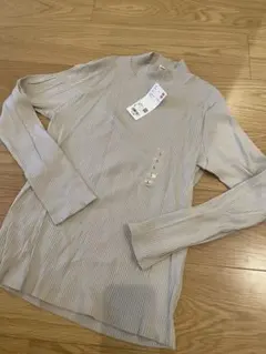 UNIQLO リブ ハイネックT 長袖 ライトグレー L