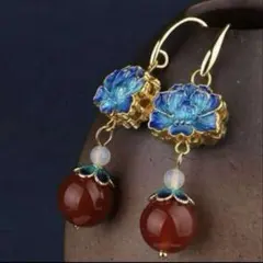 最上✨ゴールドピアス 七宝焼 天然石 ラグジュアリー 煌びやか 小豆色 華麗