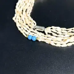 五連ネックレス　淡水パール　バロック　真珠　ライスパール　ターコイズブルー