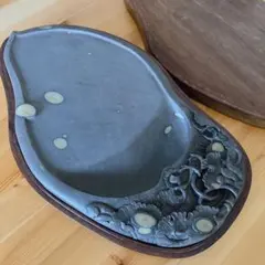 [Rare] Inkstone (Suzuri) - Stone Eye - Wooden Box - Antique - Calligraphy Tool - Features Leaf, Bird, and Lizard Designs