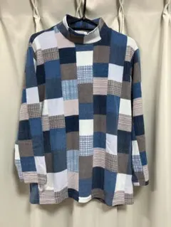 フリース風パッチワークデザインタートルネック長袖トップス