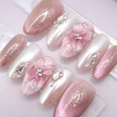 119ネイルチップSサイズ 韓国 上品 立体フラワー ミラー マグネット　ピンク