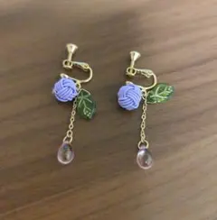 ericknoza★ハンドメイド　和イヤリング　水引　葉　紫陽花　紫　揺れる
