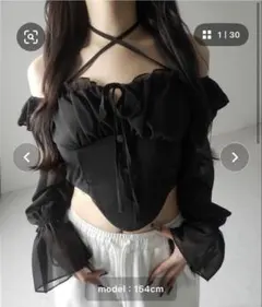 本日のみ値下げ　フロントリボンクロスネックオフショルシフォンブラウス　新品未使用のサムネイル