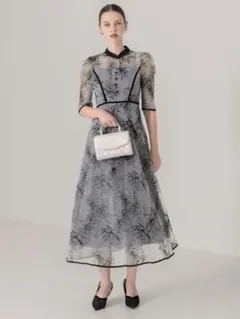 パイピングハイネック花柄ラメレースワンピースドレス結婚式パーティー二次会成人式