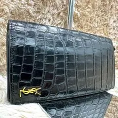 【美品】サンローラン 長財布 二つ折り財布 ブラック クロコ YSL メンズ