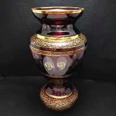 Y3421-2 ボヘミアガラス 金彩 赤ガラス 花瓶 高さ32㎝