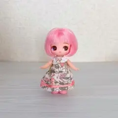 ぷちリカちゃん ブラウン×ピンク花柄ドレスワンピースアウトフィット服