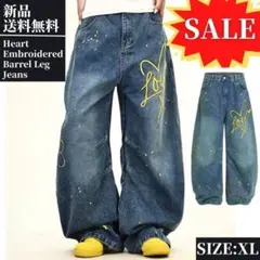 大人気⭐新品・ハート刺繍 バレルレッグジーンズ ワイドデニムパンツ XLサイズ