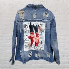 2XL ビッグシルエット ダメージ加工 デニムジャケットバックプリントストリート