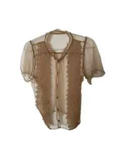 ベージュ シースルー レース 半袖ブラウス