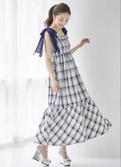 トッコクローゼット 肩リボン付きチェック柄ティアードマキシワンピース Mサイズ