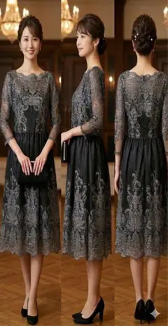【新品・L】 レース刺繍の黒いパーティードレス