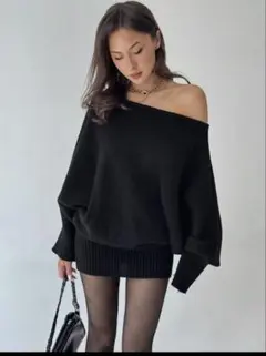 オフショルダー ブラック ニットセーター オフショルニットワンピース