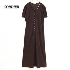 美品 コルディア 半袖ワンピース【L】ロング丈 総柄 ウエスト紐付 上品