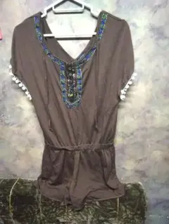 ブラウン Vネック チュニック 半袖