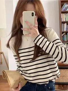 【新品】SHEIN ボーダー長袖ニット Mサイズ ベージュ セーター