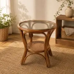 一点物】ラタン ガラストップ ローテーブル（幅85×奥行51×高さ41cm