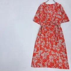 ロングワンピース　半袖　ウエストリボン　花柄　肩パッド　ファスナー　バイカラー