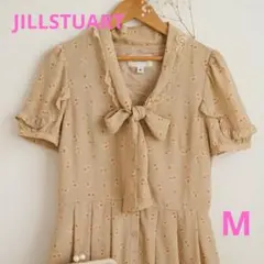 美品 ジルスチュアート 花柄ボウタイワンピース ベージュ M パフスリーブ