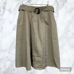 J521 ナチュラルビューティーベーシック ベルト付 フレアスカート カーキ M