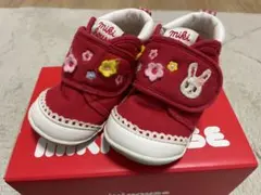 MIKI HOUSE 赤いベビーシューズ 花とウサギ刺繍