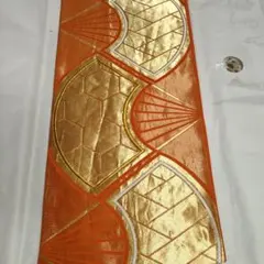 オレンジと金　扇　六通柄　正絹　袋帯　金糸　振袖用
