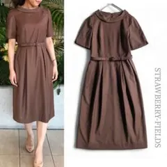 ストロベリーフィールズ／オケージョンにも◎ロールネックきれいめワンピース半袖茶色