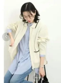 Samansa Mos2 blue　襟付き ジップニットカーディガン