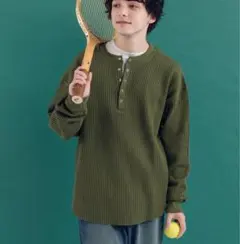 美品ワッフルヘンリーネックロンT