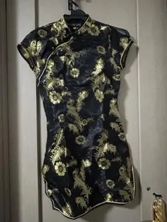 黒金　花柄　チャイナドレス 半袖