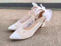 【美品】ホワイトレースリボンパンプス