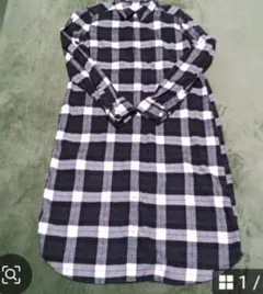 【無印良品】　フランネル　ロングシャツワンピース　黒×白　チェック柄　Lサイズ