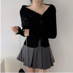 Dazy/韓国/ワンホン/薄手リブニットカーディガン/黒/S