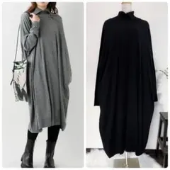 mizuiro indウール混ワイドタートルネックロングニットワンピースコクーン