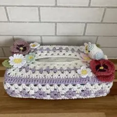 かぎ針編み 花と小鳥のティッシュボックスカバー