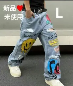 新品❤スマイル デニム ジーンズ ペイント XXLサイズ ニコちゃんマーク 